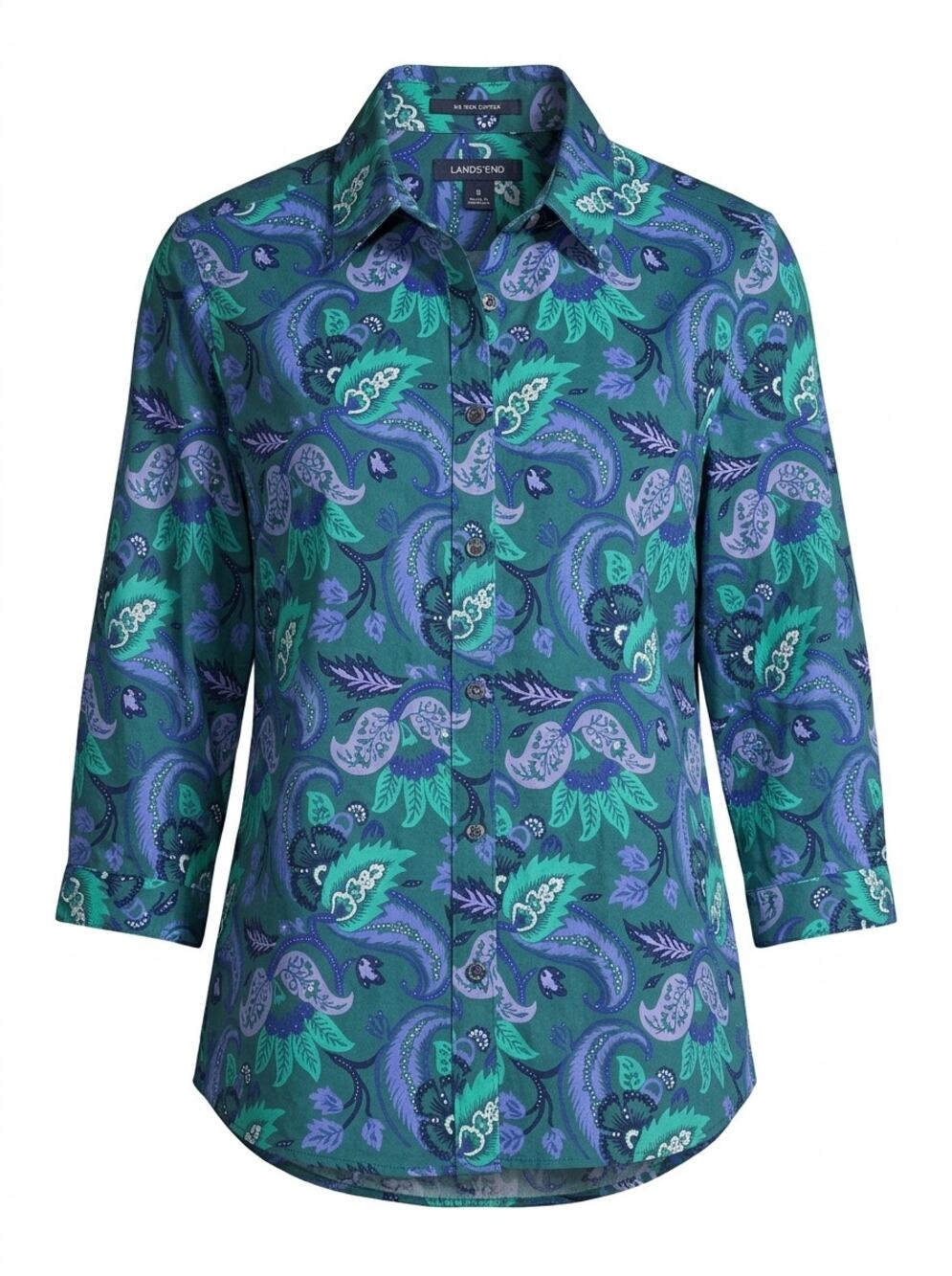 Lands' End No Iron Supima Blue Paisley Button-Up Shirt Women Size 8